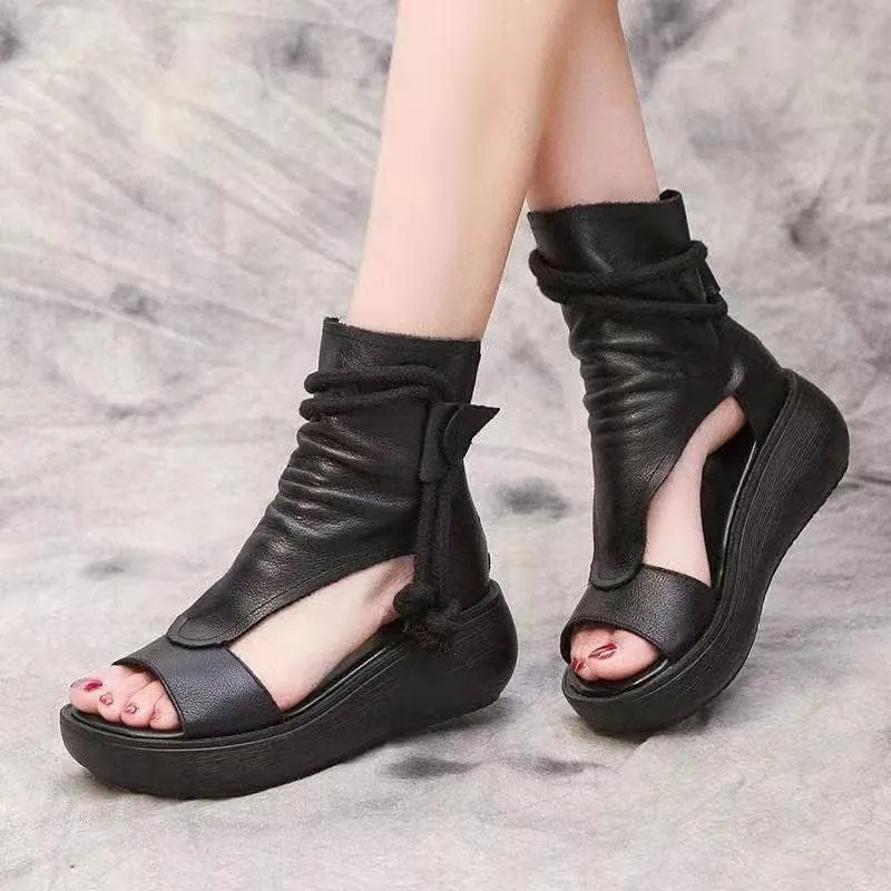 Women's Platform Outdoor Sandal Boots Wedge Bottom Fashion High Top Sandals Open Toe Boot Sandals for Women (Black,9-9.5)