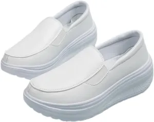 Women's Platform Wedge Slip-On Loafers,Comfortable EVA Sole Round Toe Leather Moccasin Wedge Sneakers.