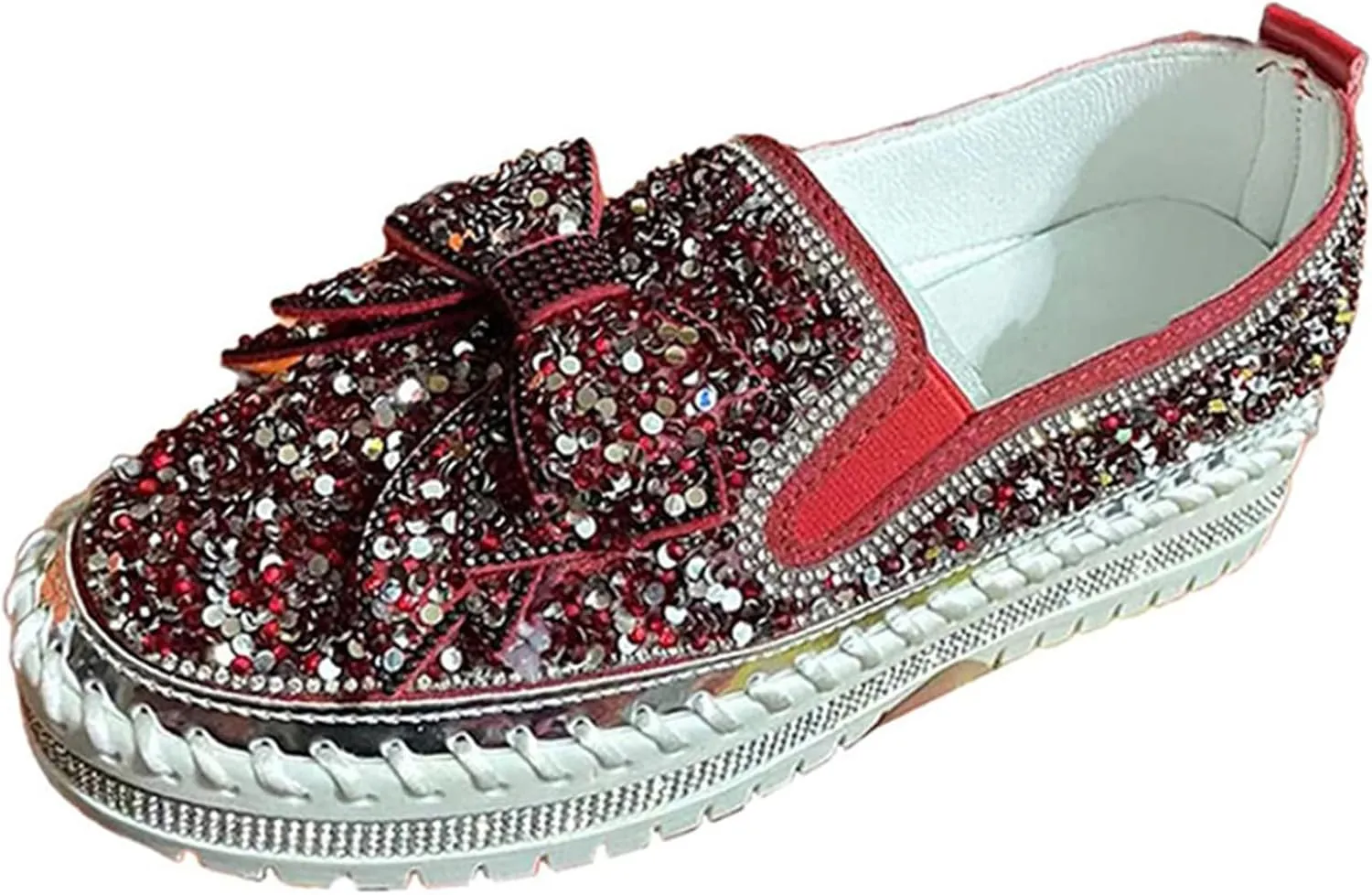 Women's Rhinestones Glitter Platform Slip On Sneakers Casual Cute Bowknot Shiny Walking Shoes Handmade Non-Slip Comfortable Dress Flat Loafers