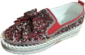 Women's Rhinestones Glitter Platform Slip On Sneakers Casual Cute Bowknot Shiny Walking Shoes Handmade Non-Slip Comfortable Dress Flat Loafers
