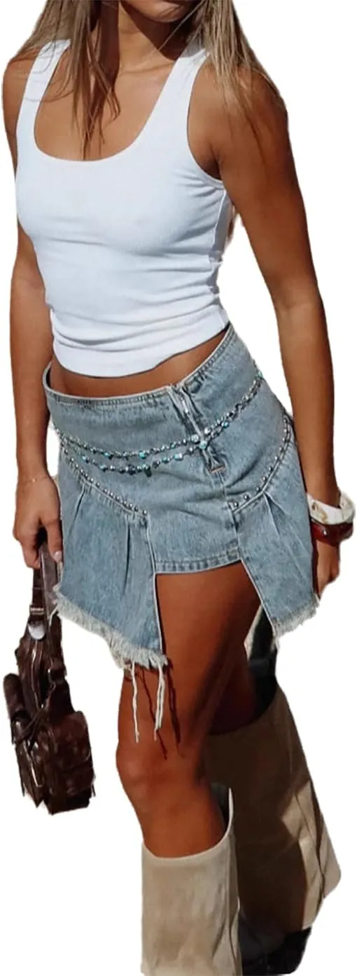 Women's Rivets Pleated Denim Short Skirt Zip Side Frayed Hem Sexy Asymmetric Midi Jean Skirts
