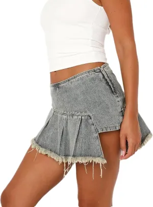 Women's Rivets Pleated Denim Short Skirt Zip Side Frayed Hem Sexy Asymmetric Midi Jean Skirts
