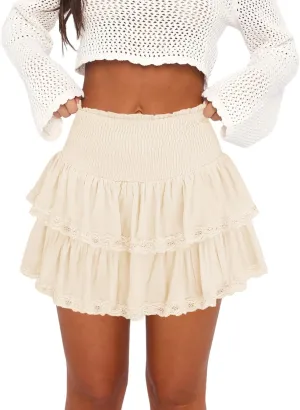 Womens Ruffle Lace Mini Skirt Athletic Golf Tennis Skort Boho Tiered High Waist Flowy Skirts