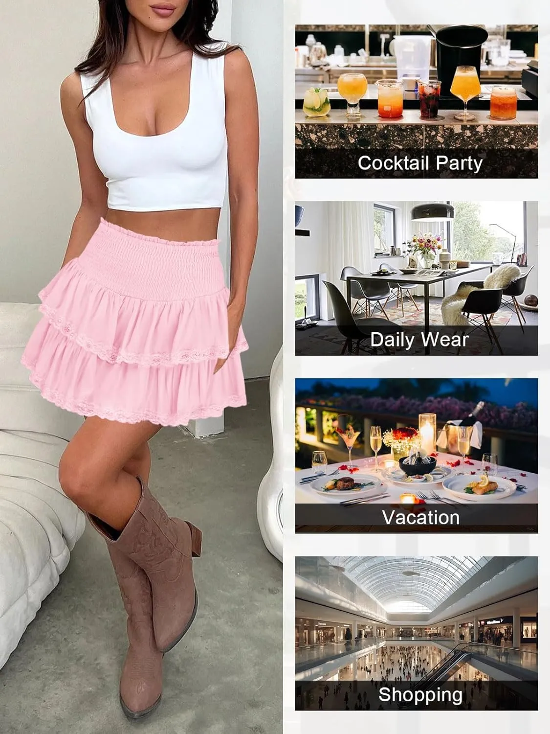 Womens Ruffle Lace Mini Skirt Athletic Golf Tennis Skort Boho Tiered High Waist Flowy Skirts