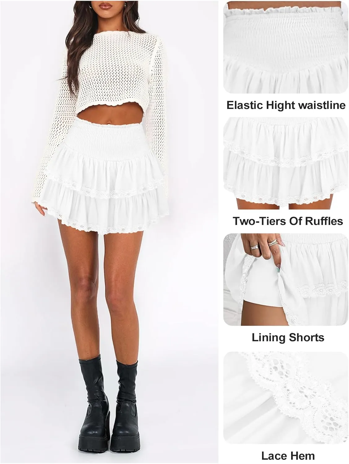 Womens Ruffle Lace Mini Skirt Athletic Golf Tennis Skort Boho Tiered High Waist Flowy Skirts