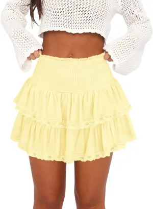 Womens Ruffle Lace Mini Skirt Athletic Golf Tennis Skort Boho Tiered High Waist Flowy Skirts