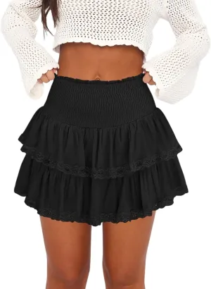 Womens Ruffle Lace Mini Skirt Athletic Golf Tennis Skort Boho Tiered High Waist Flowy Skirts