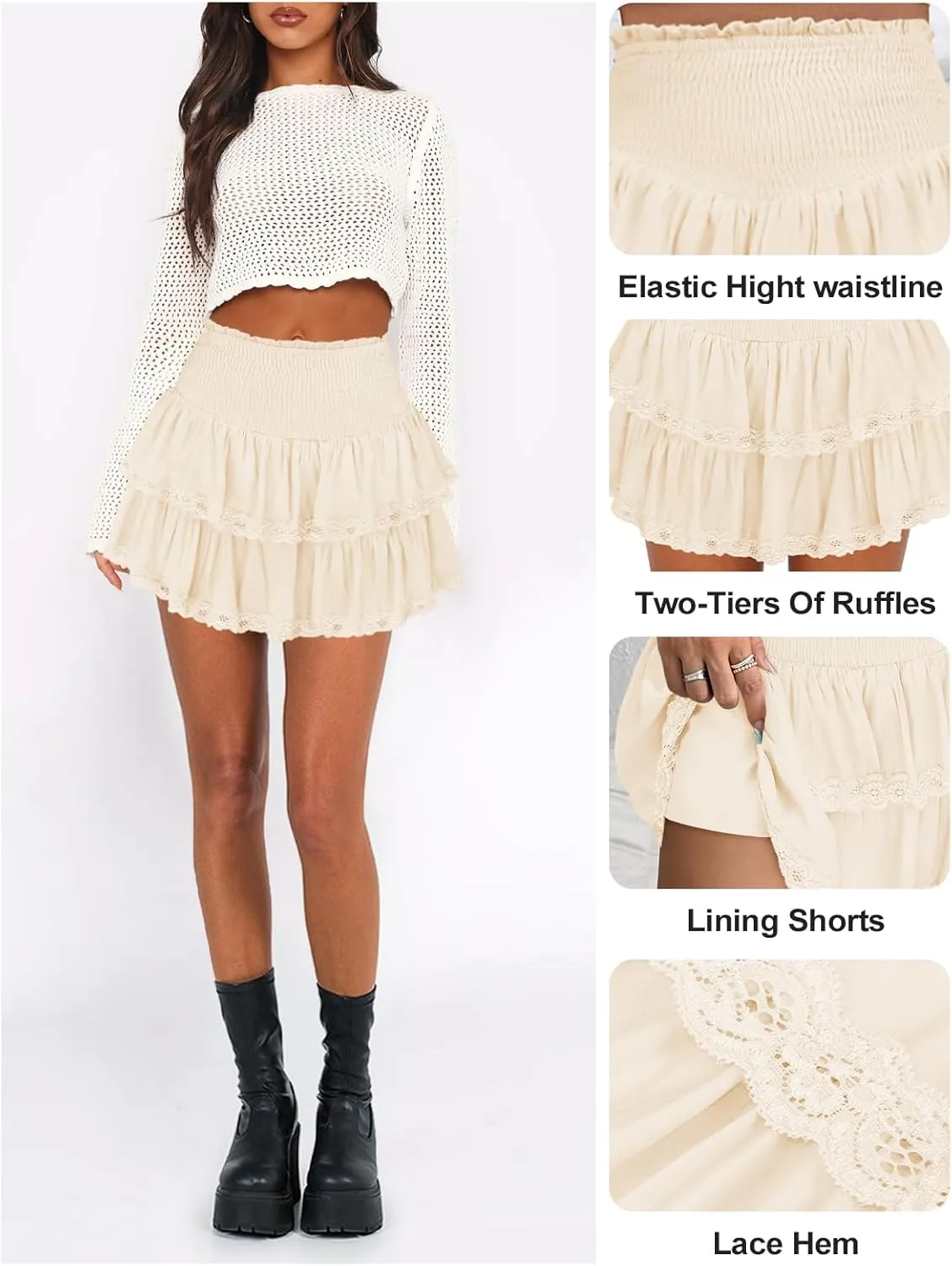 Womens Ruffle Lace Mini Skirt Athletic Golf Tennis Skort Boho Tiered High Waist Flowy Skirts
