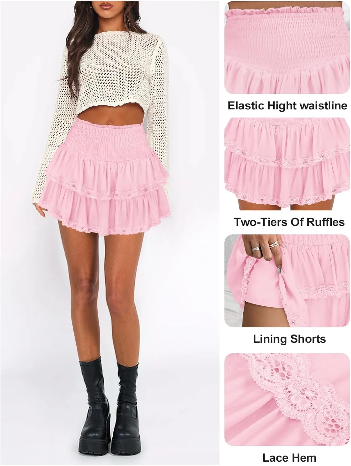 Womens Ruffle Lace Mini Skirt Athletic Golf Tennis Skort Boho Tiered High Waist Flowy Skirts