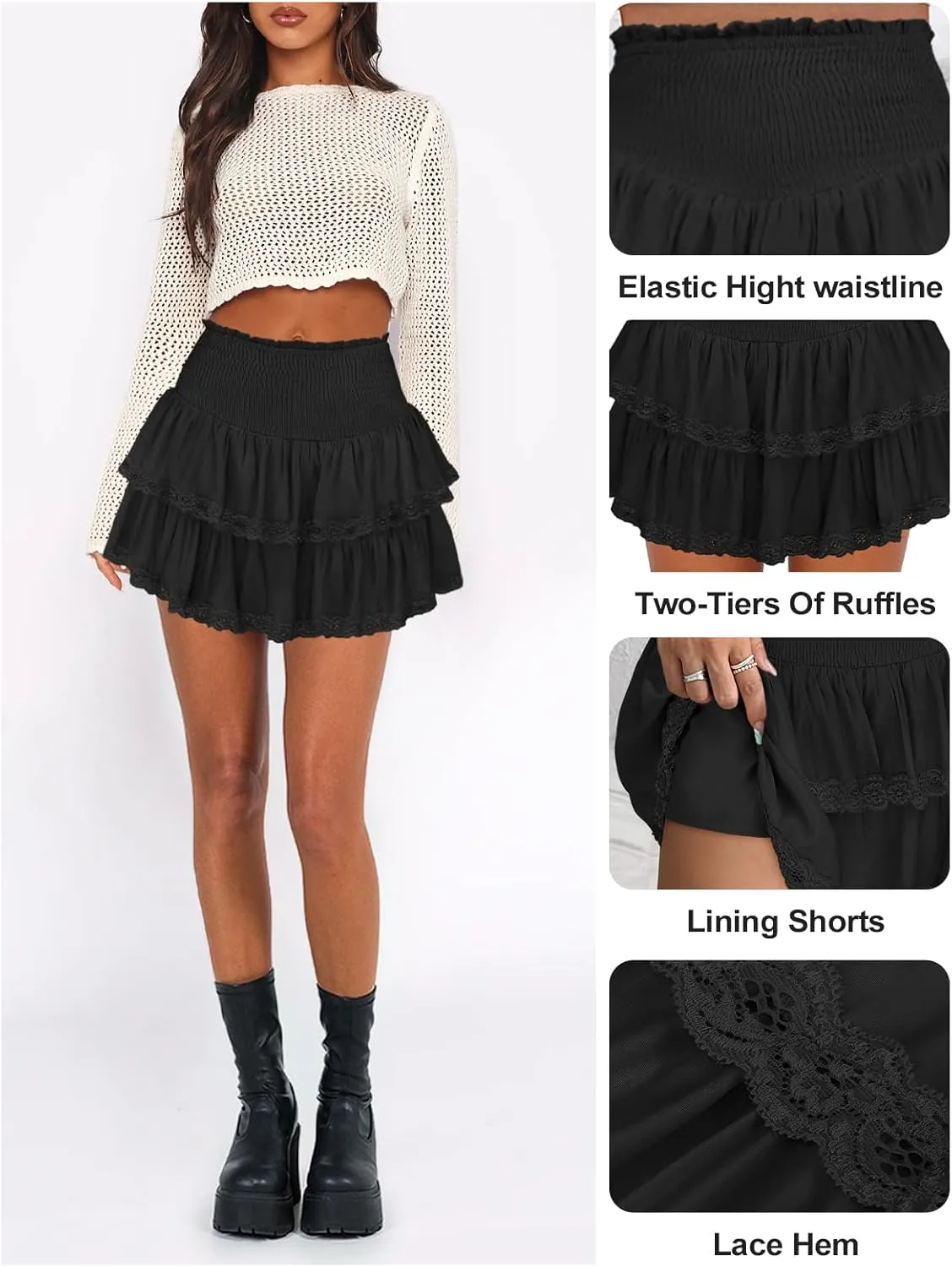 Womens Ruffle Lace Mini Skirt Athletic Golf Tennis Skort Boho Tiered High Waist Flowy Skirts