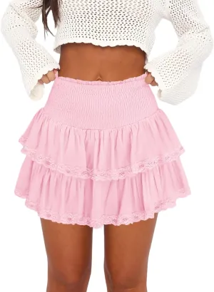 Womens Ruffle Lace Mini Skirt Athletic Golf Tennis Skort Boho Tiered High Waist Flowy Skirts