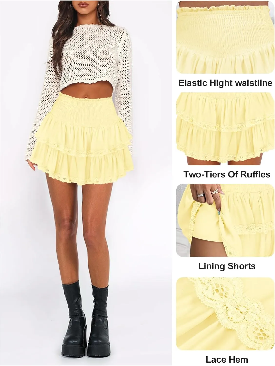 Womens Ruffle Lace Mini Skirt Athletic Golf Tennis Skort Boho Tiered High Waist Flowy Skirts