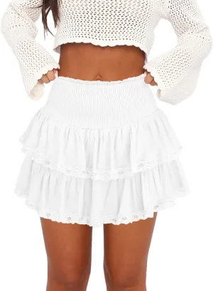 Womens Ruffle Lace Mini Skirt Athletic Golf Tennis Skort Boho Tiered High Waist Flowy Skirts