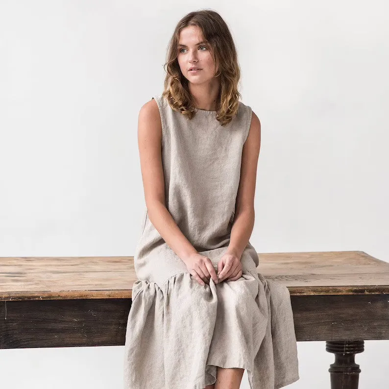 Women’s Sleeveless Dress - Lightweight Linen Blend - A-Line Fit - Ruffled Hem