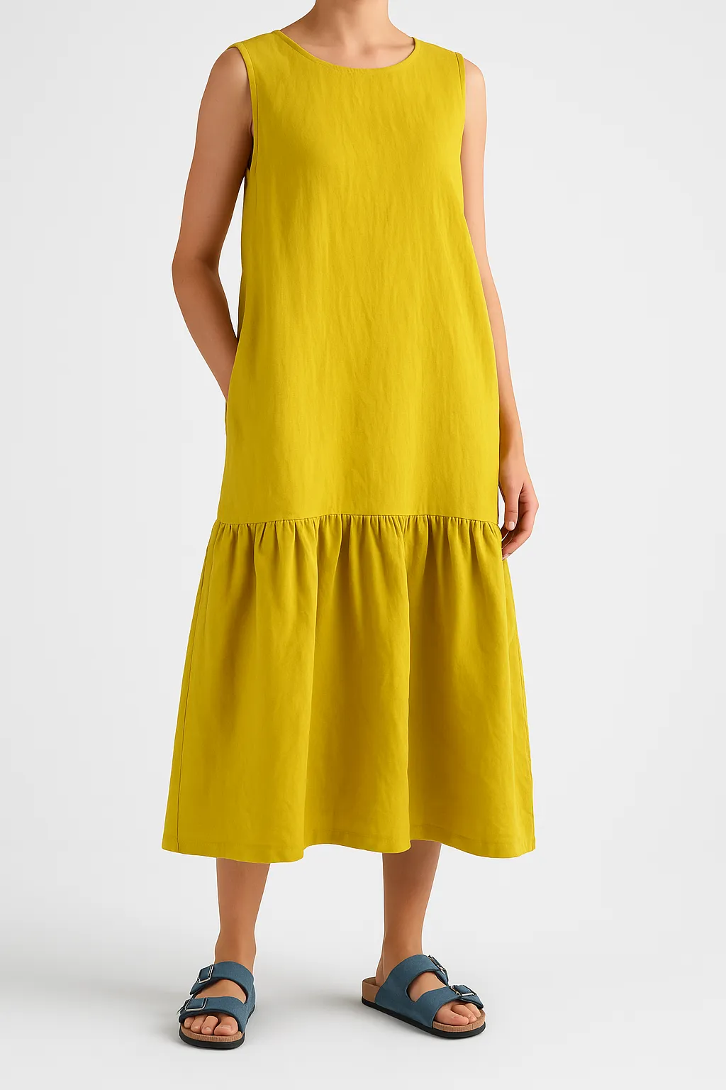 Women’s Sleeveless Dress - Lightweight Linen Blend - A-Line Fit - Ruffled Hem