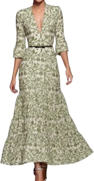 Women's Spring Summer Ruffles 3/4 Sleeve Dress Deep V Neck Bell Hem Casual A Line Garden Party Maxi Dress