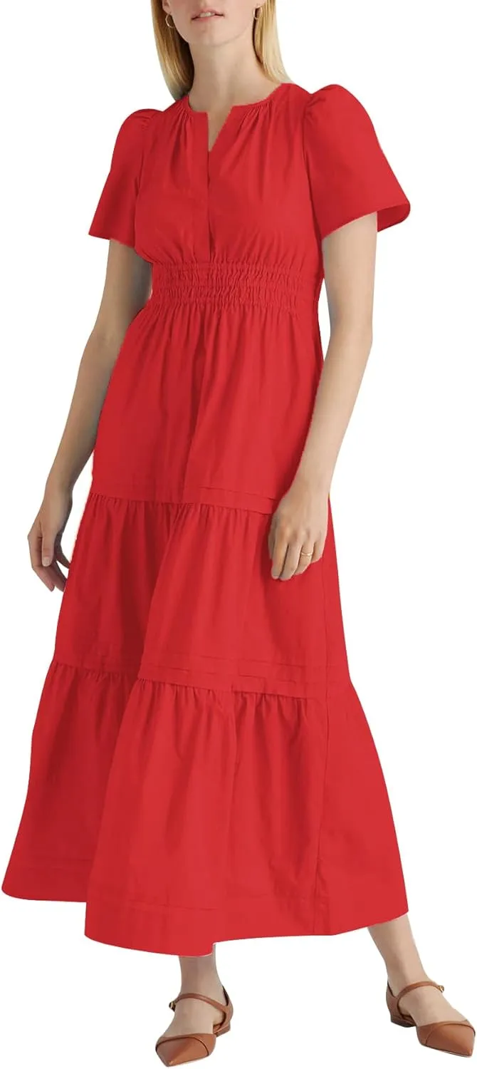Women's Summer Casual Short Sleeve Maxi Dress Swing A Line Loose Flowy Tiered Boho Long Dress