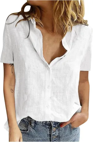 Women's Summer Casual T Shirts Button Down Shirts V Neck Cotton Linen Light Blouse Jacket Casual Oversized Tshirts