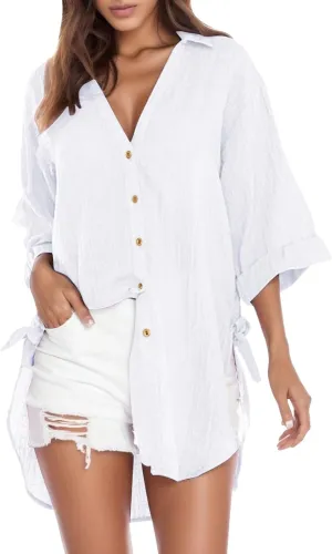 Women's Summer Casual T Shirts Linen Button Down Shirt Rolled Cuffed Short Sleeve Blouse Casual Beach Cotton Tops