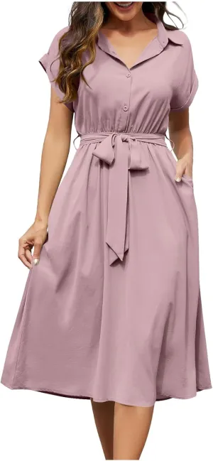 Women's Summer V-Neck Collared Midi Dresses Soft Smocked Tiered Swing Dress with Belt Casual Stretch Elegant Shirt Dress