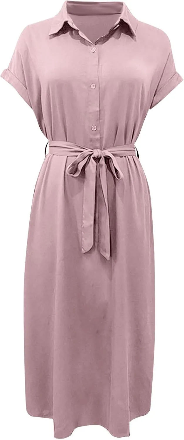 Women's Summer V-Neck Collared Midi Dresses Soft Smocked Tiered Swing Dress with Belt Casual Stretch Elegant Shirt Dress