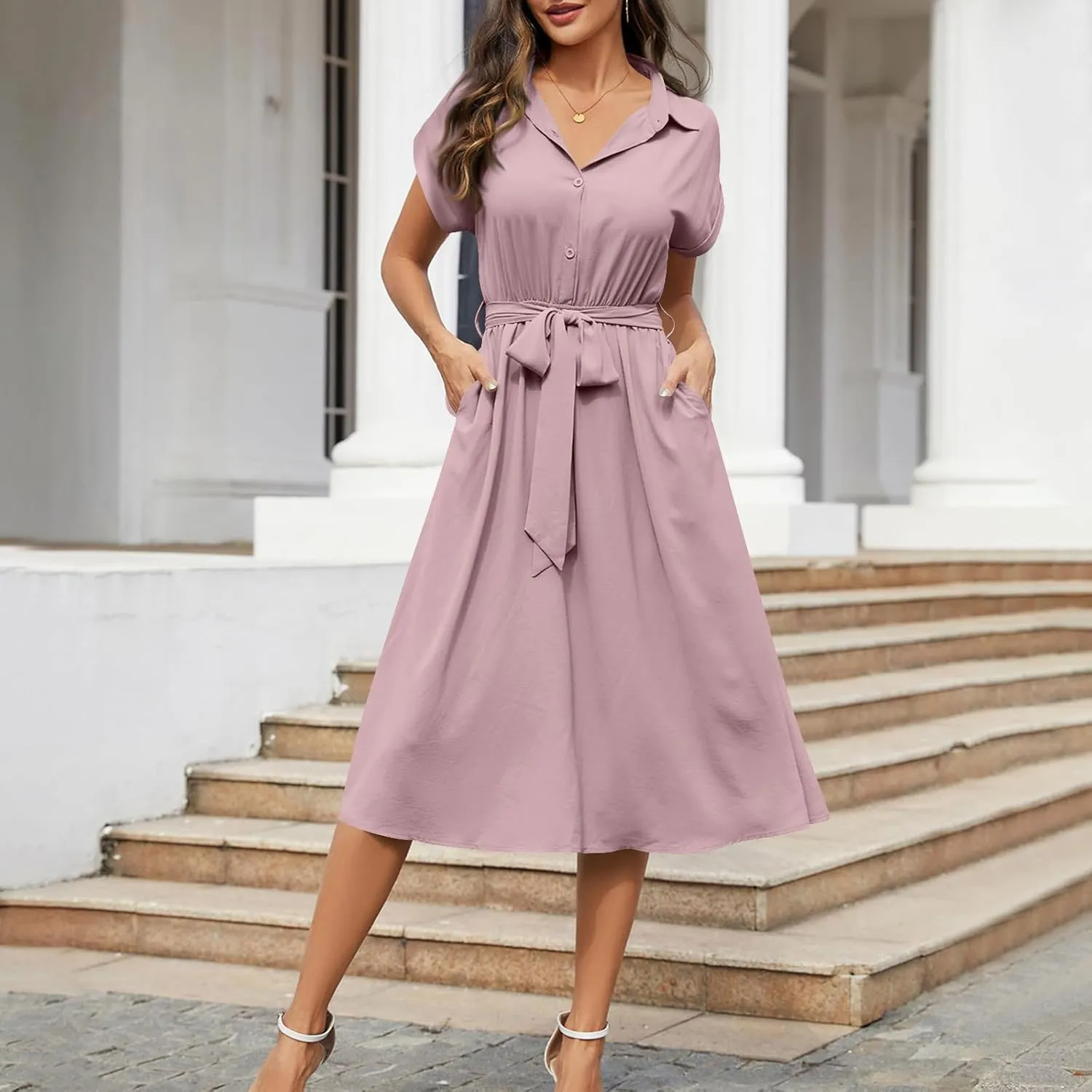 Women's Summer V-Neck Collared Midi Dresses Soft Smocked Tiered Swing Dress with Belt Casual Stretch Elegant Shirt Dress