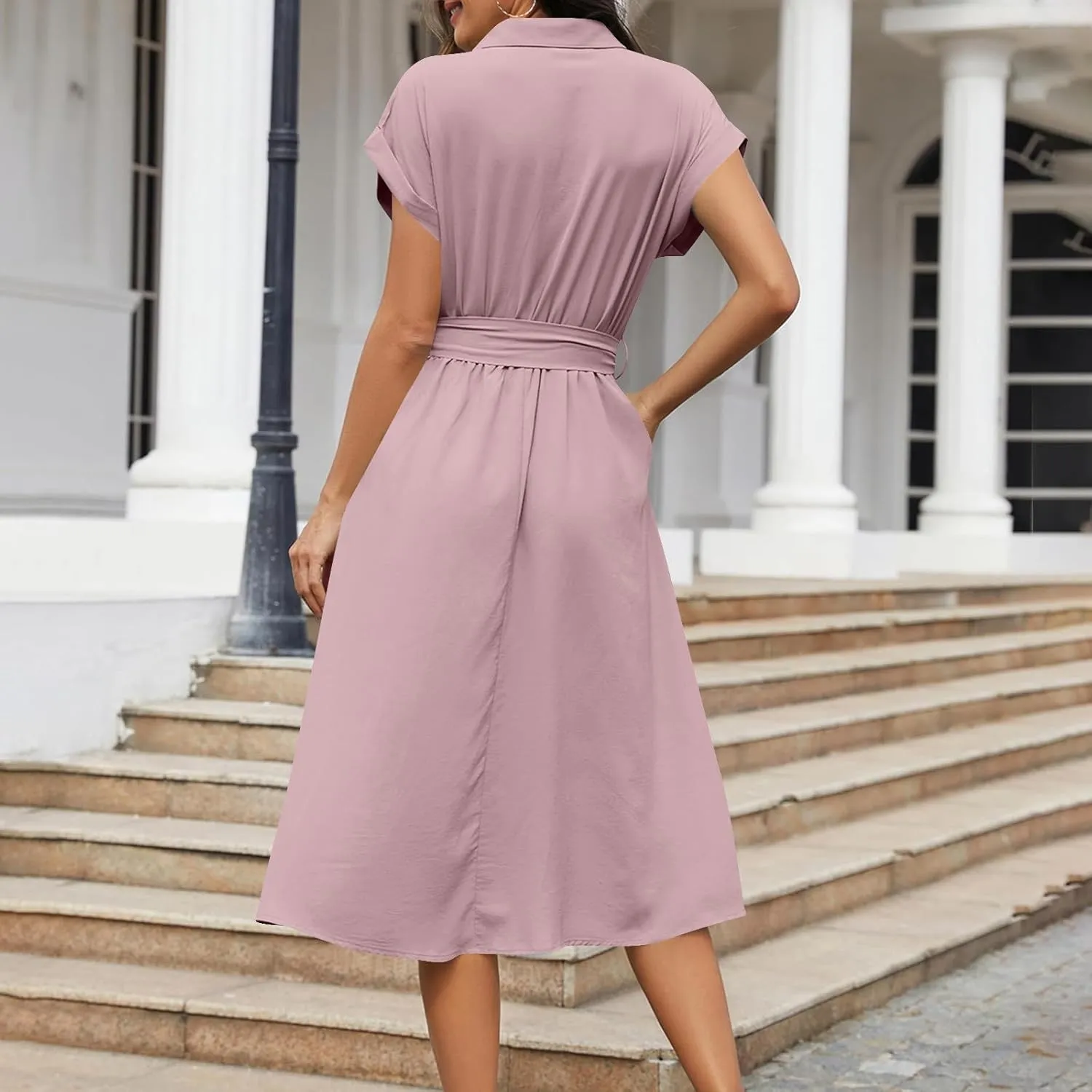 Women's Summer V-Neck Collared Midi Dresses Soft Smocked Tiered Swing Dress with Belt Casual Stretch Elegant Shirt Dress
