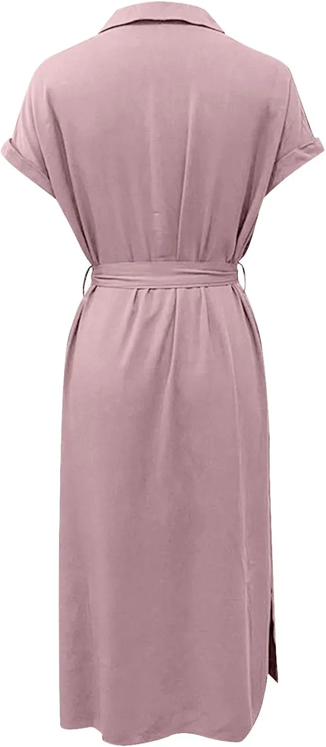 Women's Summer V-Neck Collared Midi Dresses Soft Smocked Tiered Swing Dress with Belt Casual Stretch Elegant Shirt Dress