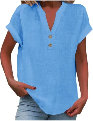 Women's T-Shirts 2025 Summer Trendy Cotton Roll-Up Sleeve Shirts Dressy Casual Button V Neck Blouse Loose Gauze Top