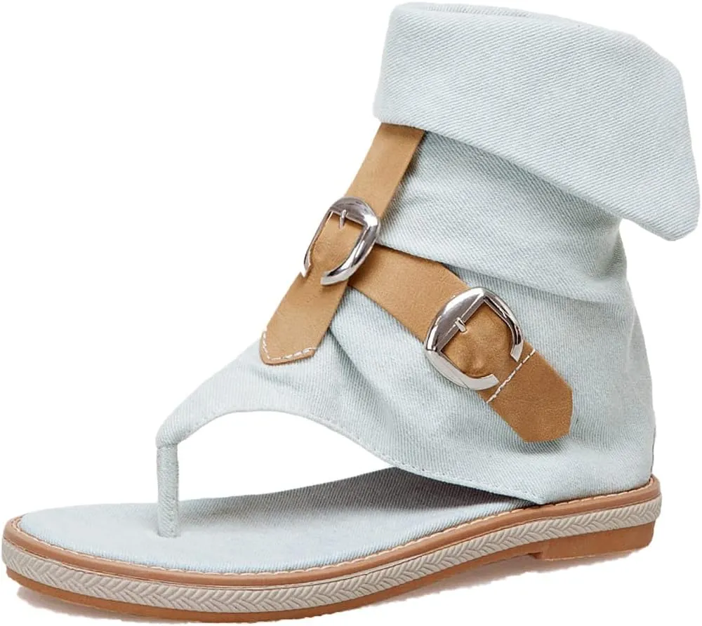 Women's Tassel High Top Clip Toe Denim Sandals Medieval Europe Retro Bohemian Gladiator Buckle Flat Flip Flops Ankle Roman Sandals Boots T-Strap Suede Comfy Back Zip Sandal