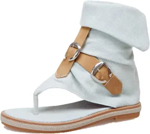 Women's Tassel High Top Clip Toe Denim Sandals Medieval Europe Retro Bohemian Gladiator Buckle Flat Flip Flops Ankle Roman Sandals Boots T-Strap Suede Comfy Back Zip Sandal