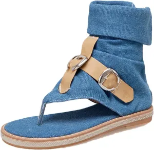 Women's Tassel High Top Clip Toe Denim Sandals Medieval Europe Retro Bohemian Gladiator Buckle Flat Flip Flops Ankle Roman Sandals Boots T-Strap Suede Comfy Back Zip Sandal
