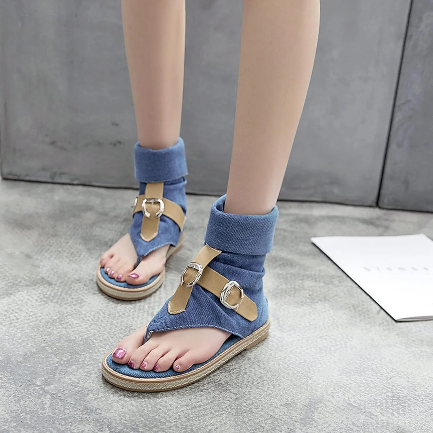Women's Tassel High Top Clip Toe Denim Sandals Medieval Europe Retro Bohemian Gladiator Buckle Flat Flip Flops Ankle Roman Sandals Boots T-Strap Suede Comfy Back Zip Sandal