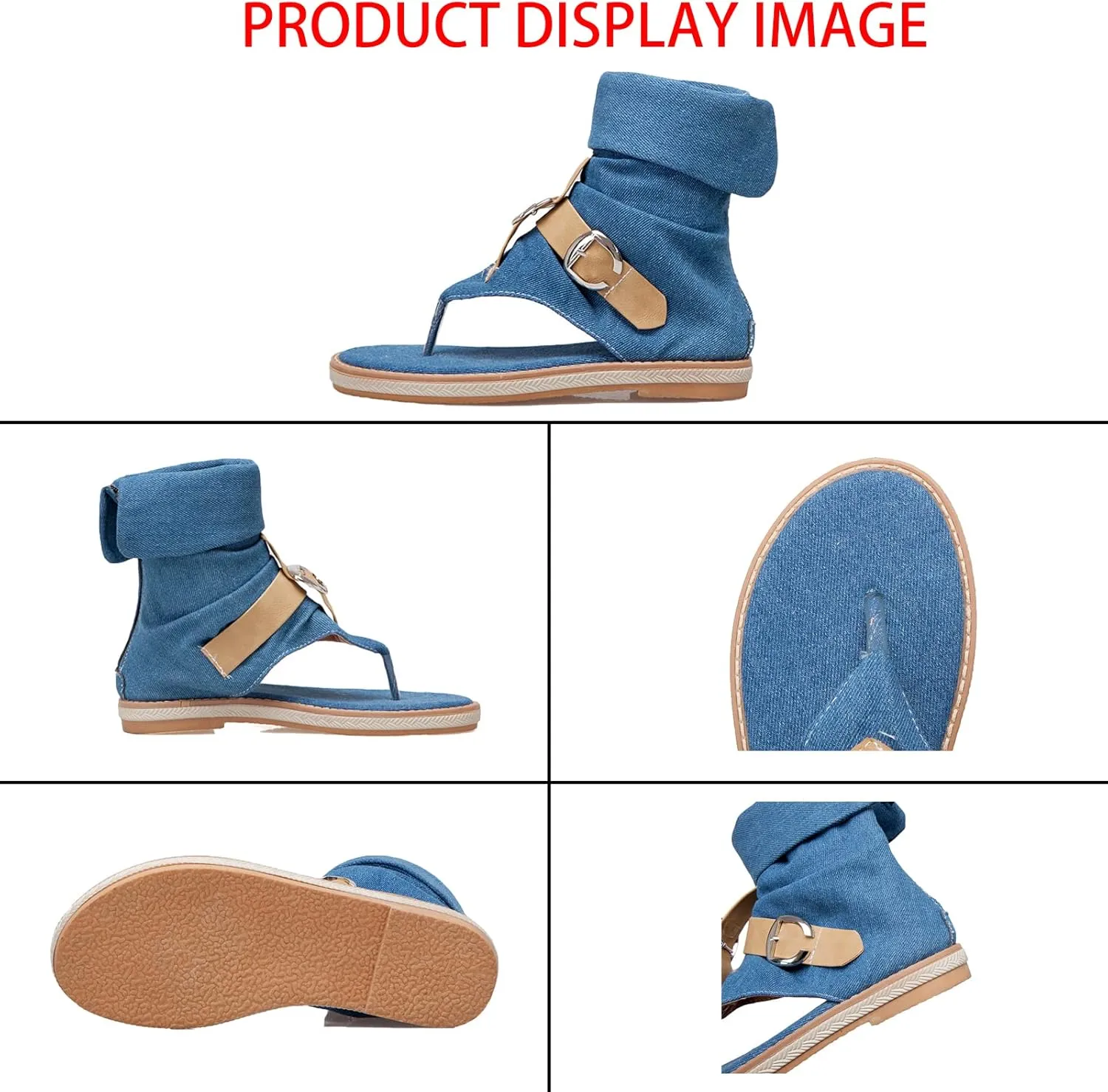 Women's Tassel High Top Clip Toe Denim Sandals Medieval Europe Retro Bohemian Gladiator Buckle Flat Flip Flops Ankle Roman Sandals Boots T-Strap Suede Comfy Back Zip Sandal