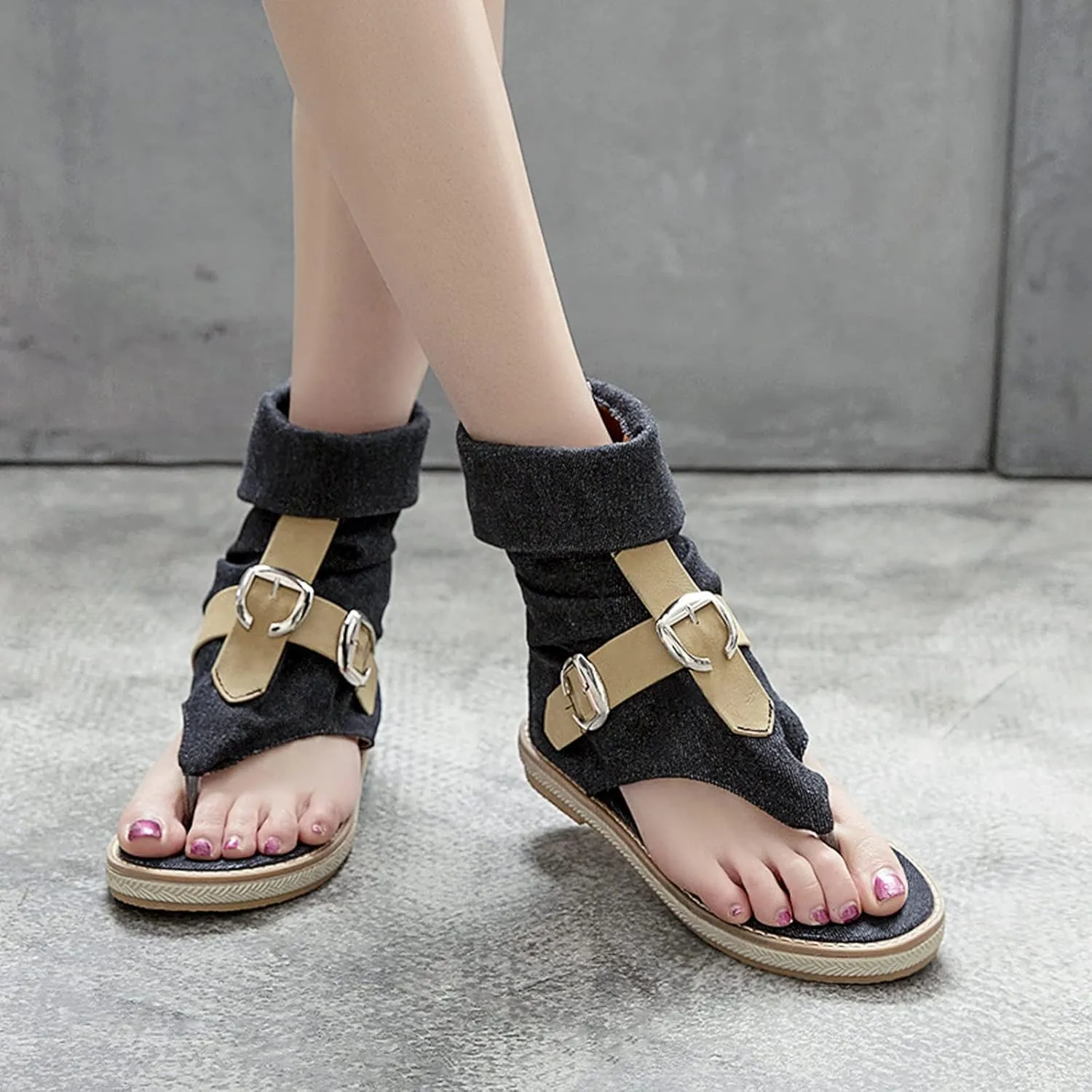 Women's Tassel High Top Clip Toe Denim Sandals Medieval Europe Retro Bohemian Gladiator Buckle Flat Flip Flops Ankle Roman Sandals Boots T-Strap Suede Comfy Back Zip Sandal