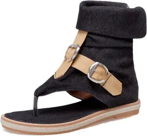 Women's Tassel High Top Clip Toe Denim Sandals Medieval Europe Retro Bohemian Gladiator Buckle Flat Flip Flops Ankle Roman Sandals Boots T-Strap Suede Comfy Back Zip Sandal