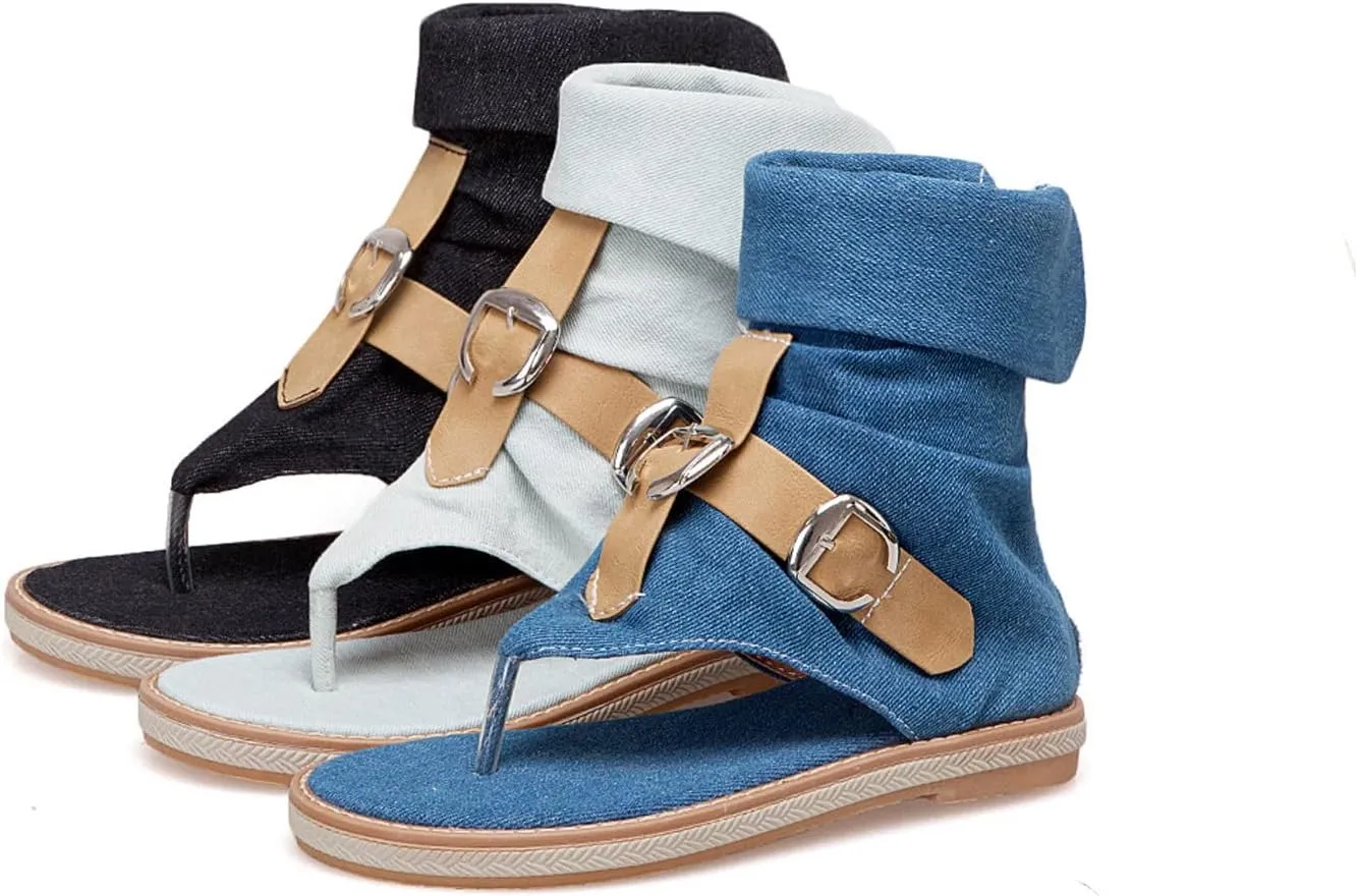 Women's Tassel High Top Clip Toe Denim Sandals Medieval Europe Retro Bohemian Gladiator Buckle Flat Flip Flops Ankle Roman Sandals Boots T-Strap Suede Comfy Back Zip Sandal