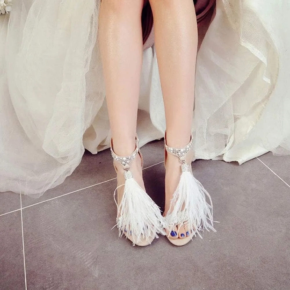 Women's Tassels Rhinestone Heeled Sandals Wedding Dress White Sandals Stiletto Heel Pearl