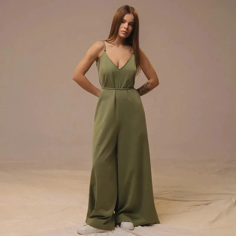 Women's V-Neck Wide-Leg Jumpsuit - Loose Fit - Tie Waist - Sleeveless Linen Blend