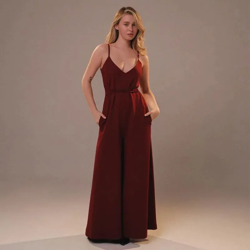 Women's V-Neck Wide-Leg Jumpsuit - Loose Fit - Tie Waist - Sleeveless Linen Blend