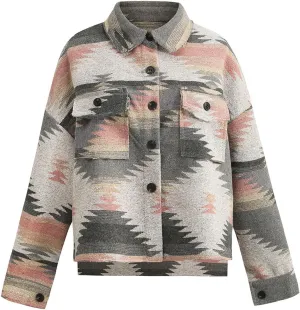 Women's Vintage Aztec Print Pattern Loose Shacket Button Down Long Sleeve Woolen Jacket Shirts Coat