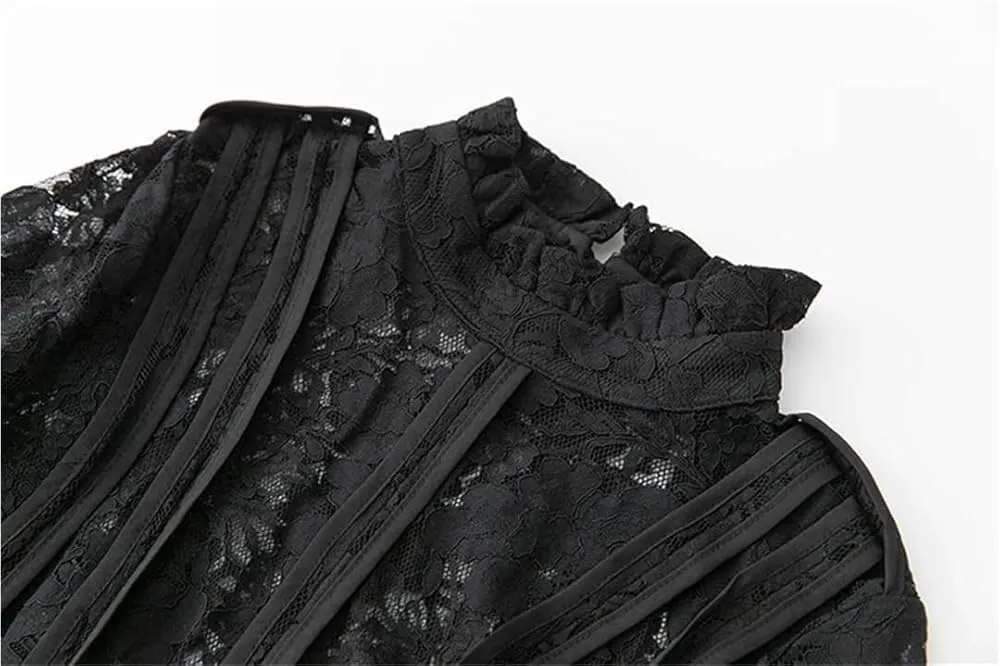 Women's Vintage Suspender Dress Embossed Hollow Striped Slim Fit Lace A-Line Dress