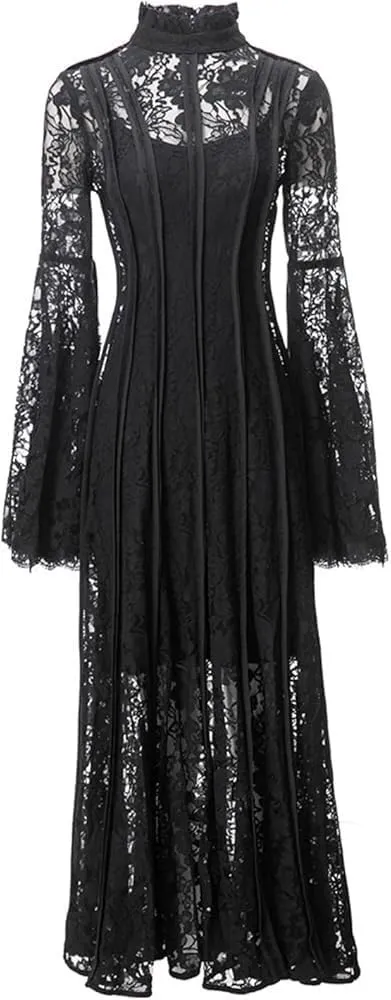 Women's Vintage Suspender Dress Embossed Hollow Striped Slim Fit Lace A-Line Dress