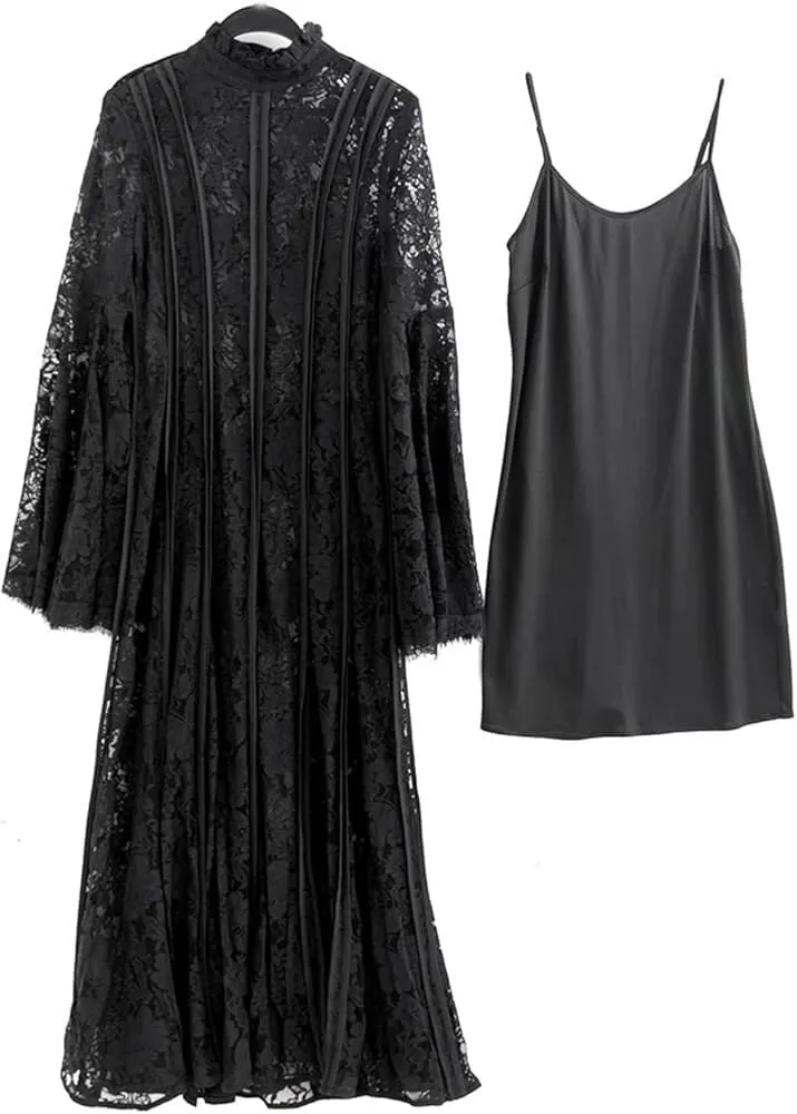 Women's Vintage Suspender Dress Embossed Hollow Striped Slim Fit Lace A-Line Dress