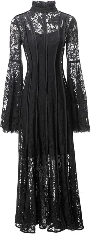 Women's Vintage Suspender Dress Embossed Hollow Striped Slim Fit Lace A-Line Dress