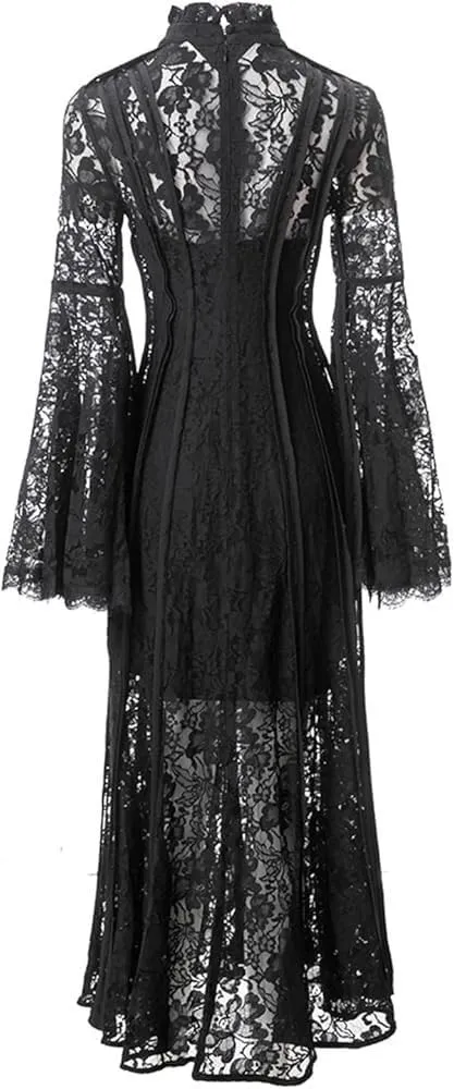 Women's Vintage Suspender Dress Embossed Hollow Striped Slim Fit Lace A-Line Dress
