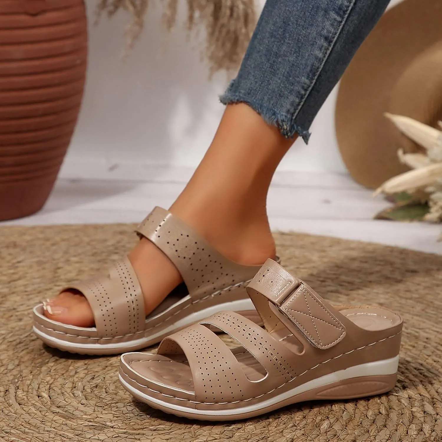 Womens Wedge Sandals Summer Dressy Low Heel Sandals Open Toe Hollow Out Breathable Outer Wear Slippers Arch Support Lightweight Summer Beach Sandal