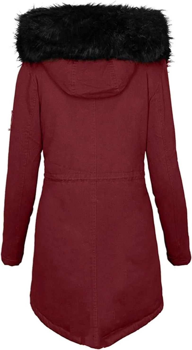 Women's Winter Coats Plus Size Fleece Lined Long Jackets Fur Hooded Snow Parka Thicken Warm Outerwear with Pockets