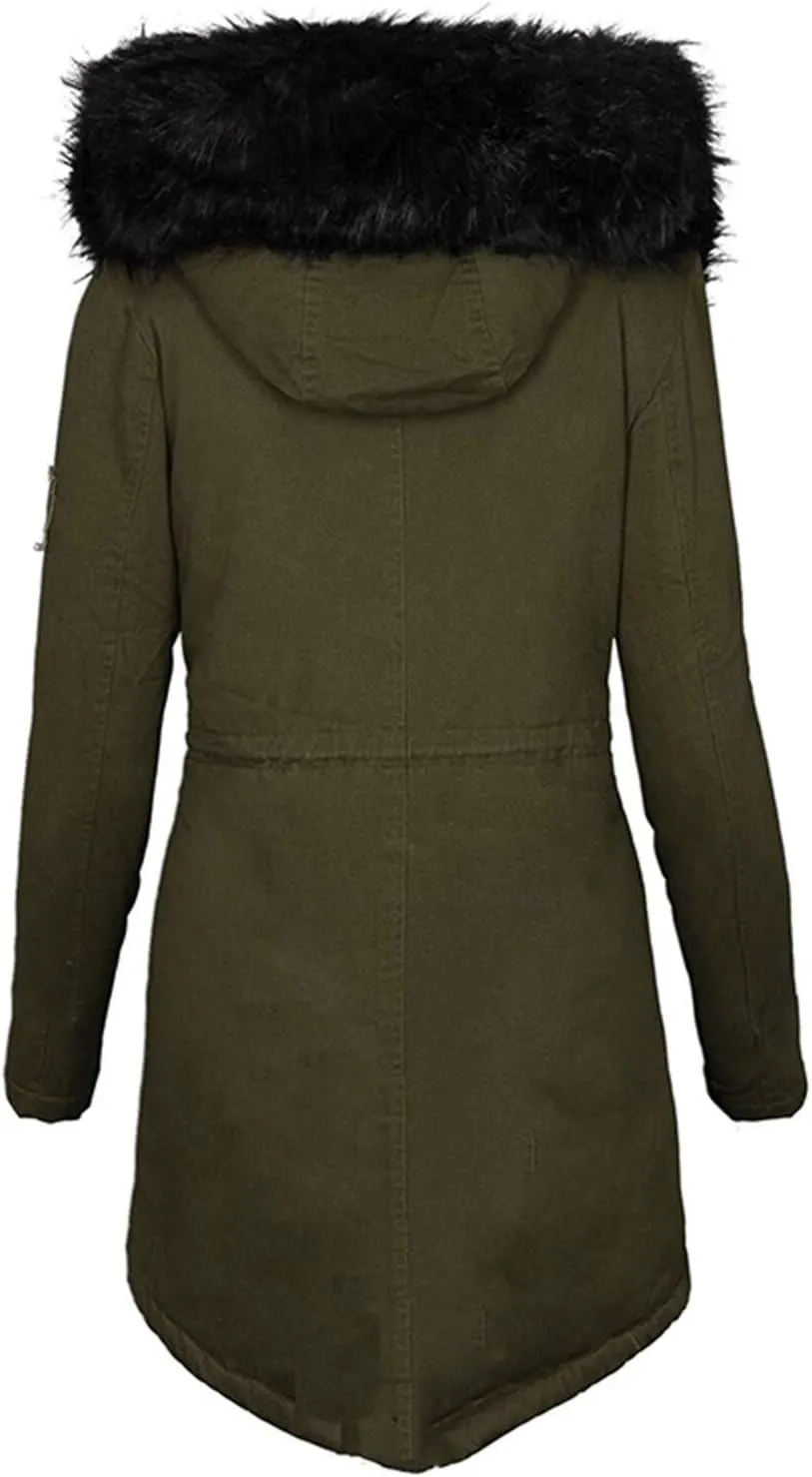 Women's Winter Coats Plus Size Fleece Lined Long Jackets Fur Hooded Snow Parka Thicken Warm Outerwear with Pockets