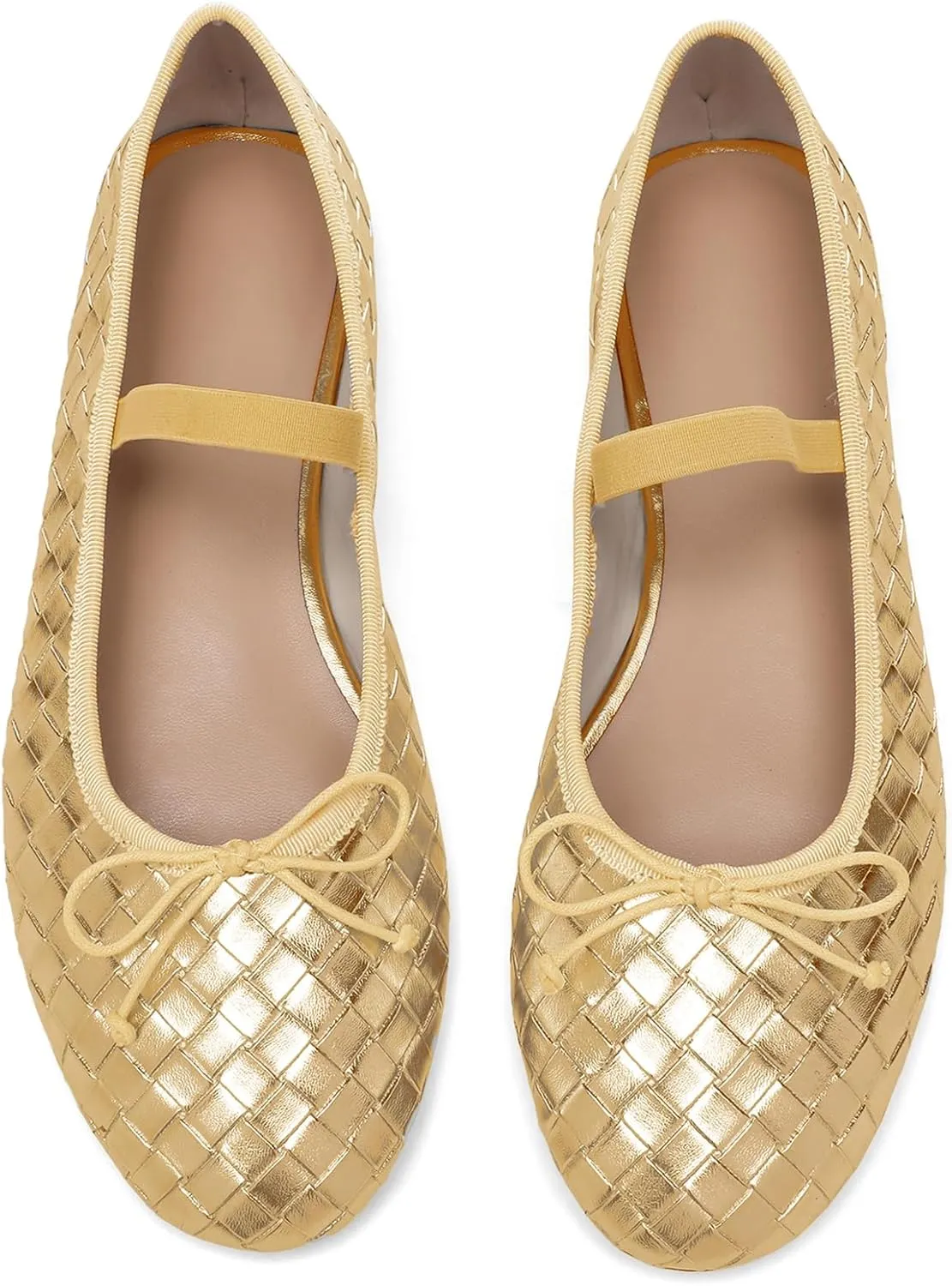 Woven Ballet Flats for Women Almond Toe Mary Jane Flats Stretch Band Bow Ballerina Shoes